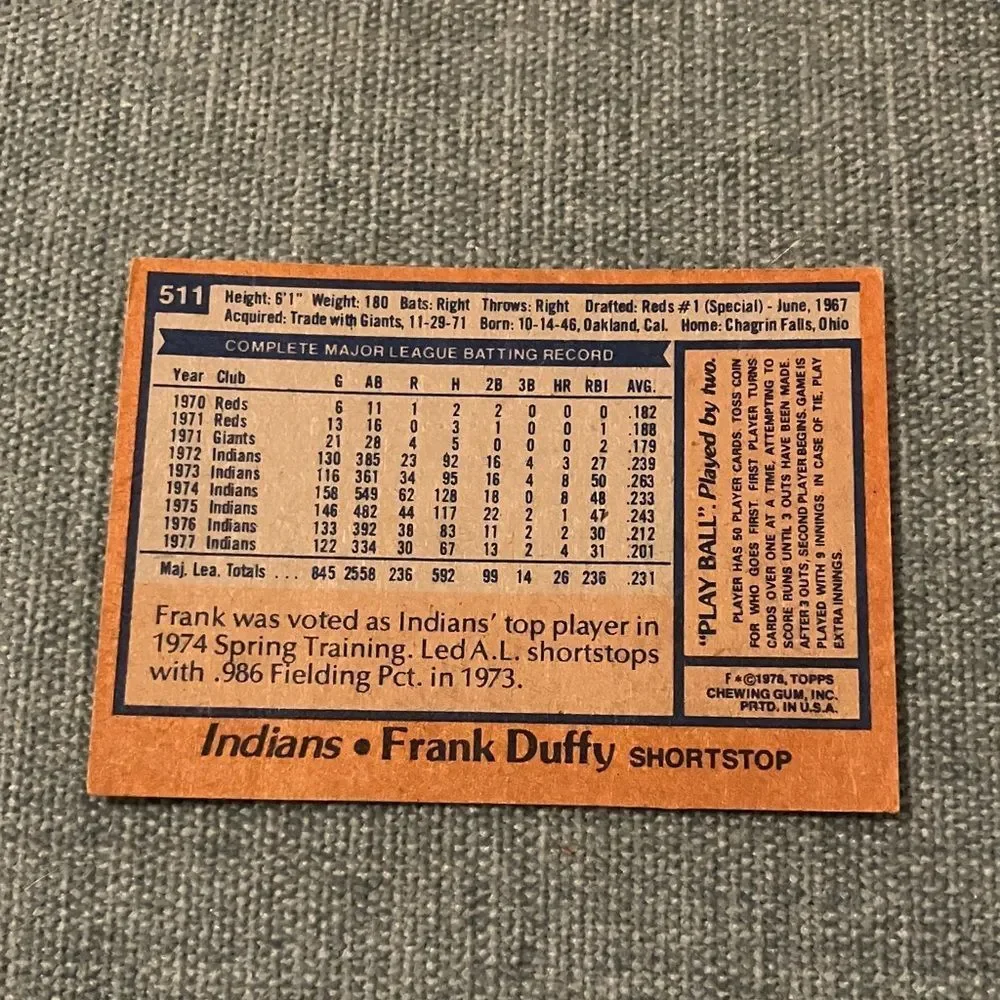 1978 Topps Cleveland Indians Baseball Card Trading Card